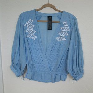 Free People- Embroidered Deep V Blouse- Light Blue